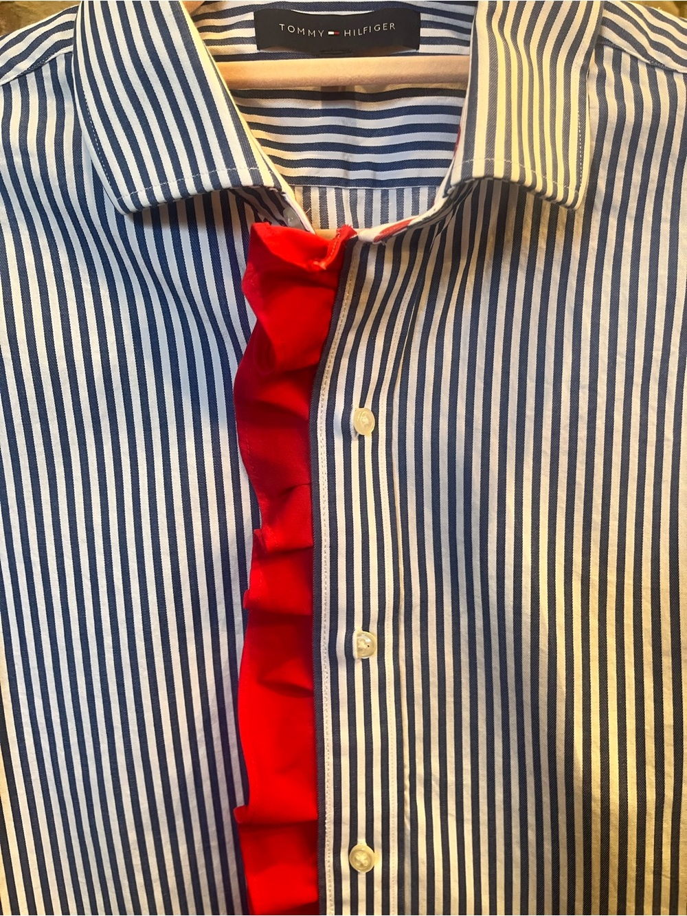 Tommy Hilfiger Navy and White Striped Shirt with Red Ruffle and flag embroidery - Picture 3 of 10